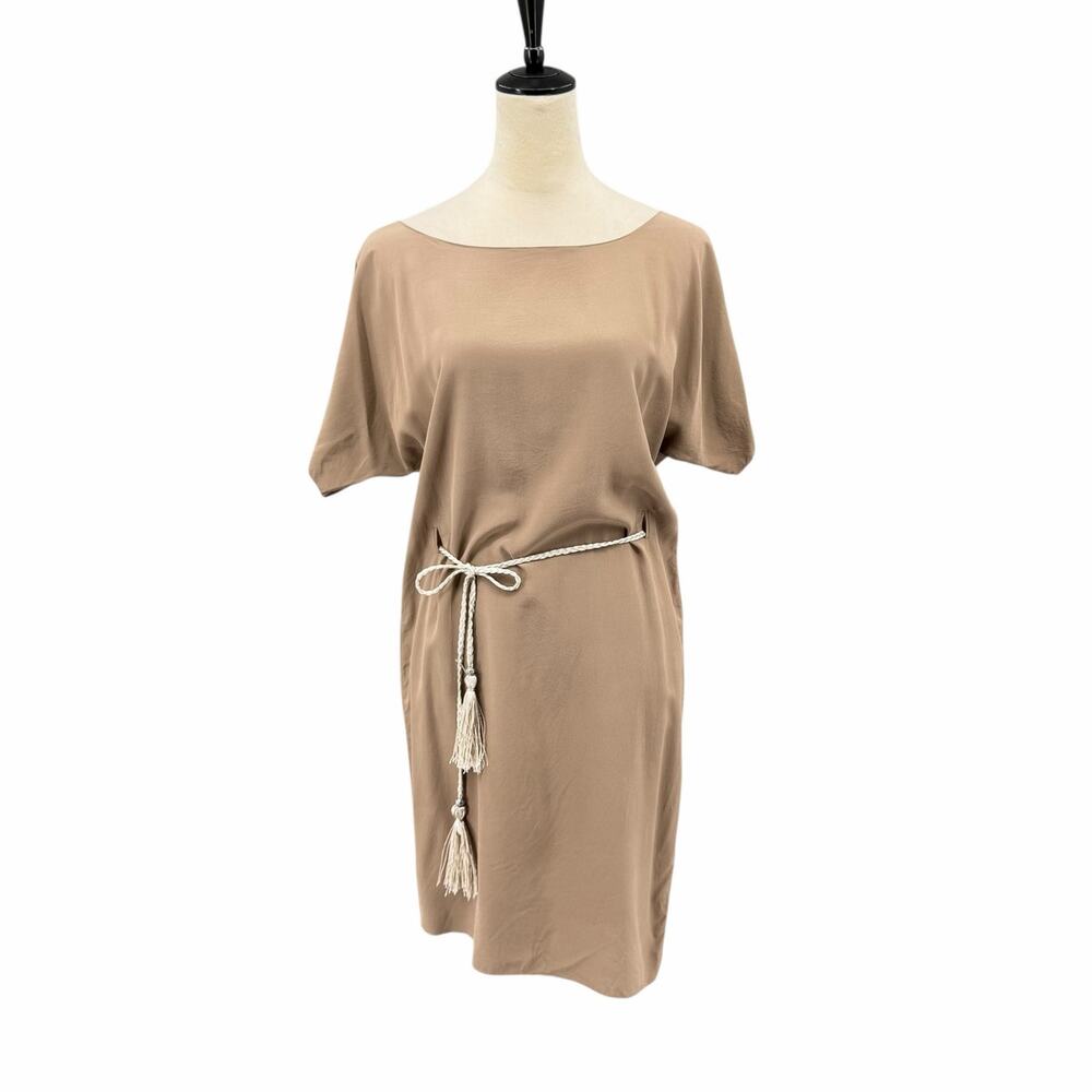 Ulla Johnson Light Brown 100% Silk Cut Hem Rope Tie Waist Relaxed Mini Dress
